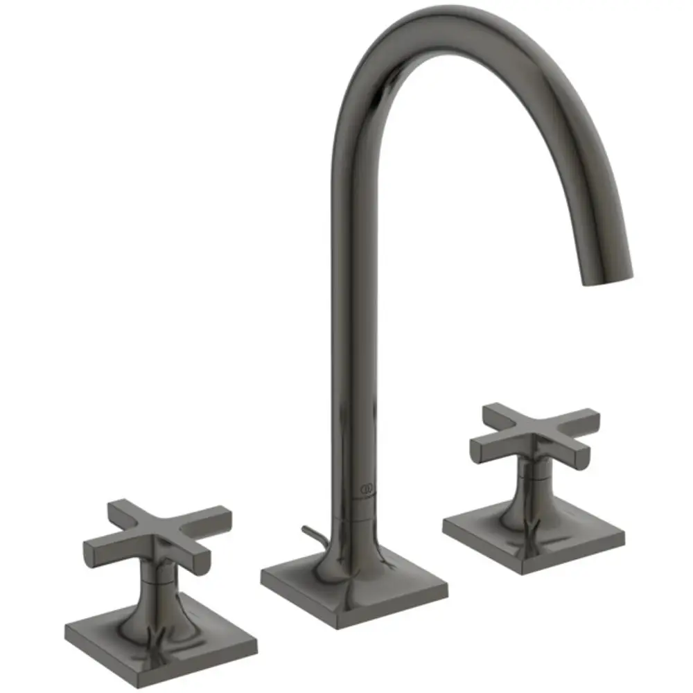 Waschtischarmatur mit gebogenem Auslauf und zwei Kreuzgriffen in Metallic-Grau von Ideal Standard. Geeignet für moderne Badezimmeraufstellungen.